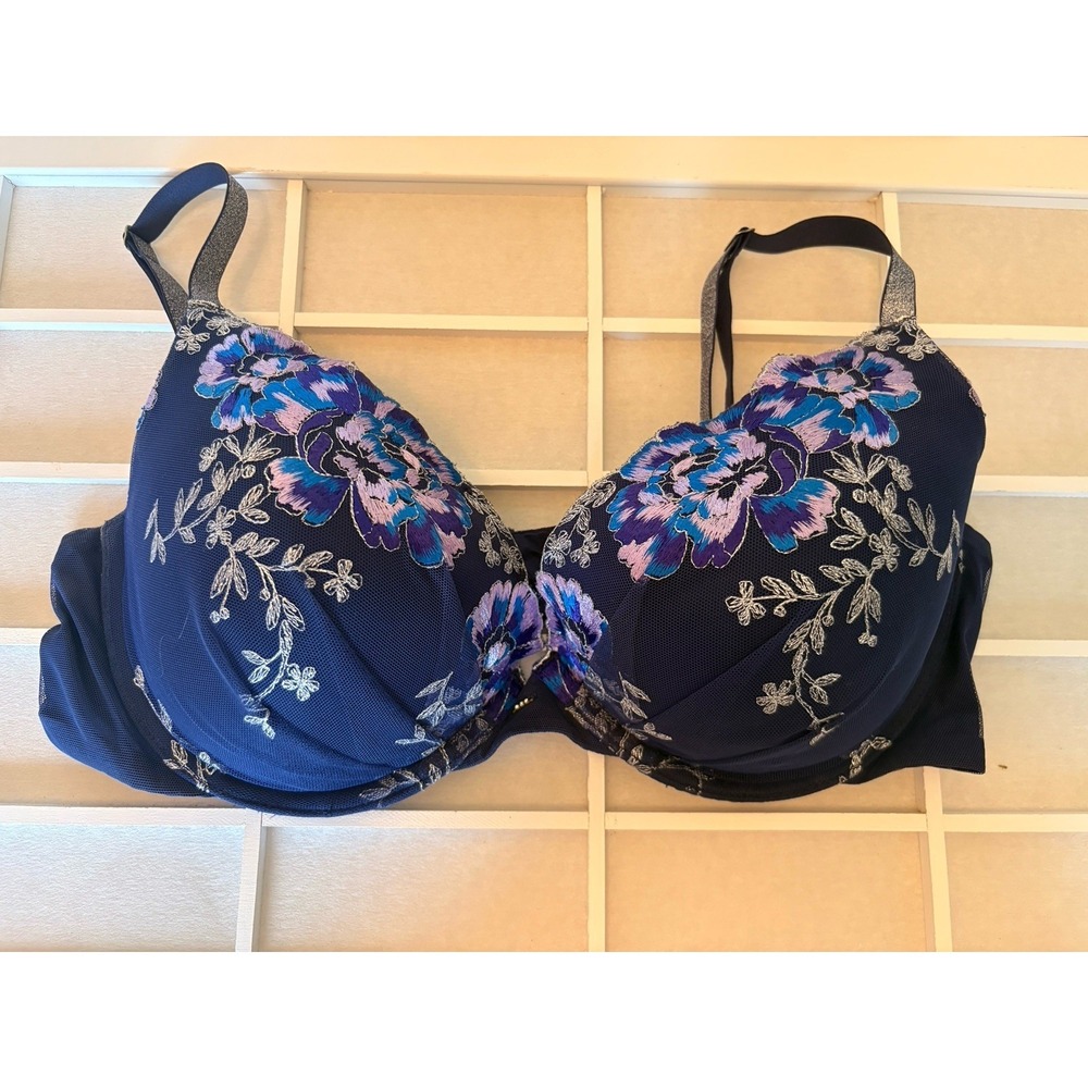 Victoria's Secret Dream Angels Navy Blue Floral Embroidered Plunge Bra 38C